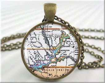 Lake Powell Map Pendant, Colorado River Map Necklace, Resin Picture Pendant, Round Bronze, Gift Under 20, Travel Gift 773RB