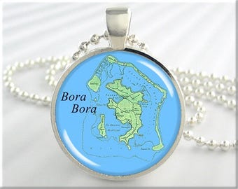 Bora Bora Map Pendant Necklace: French Polynesia Vintage Style 647RS