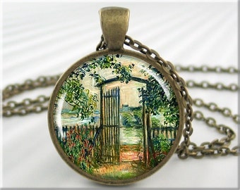 Monet Garden Gate Necklace, Resin Charm, Claude Monet Art Pendant, Impressionist Art Jewelry, Gift Under 20, Bronze Round 734RB