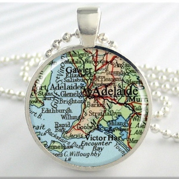 Adelaide Map Pendant, Resin Charm, Adelaide Australia Map Necklace, Picture Jewelry, Map Charm, Gift Under 20, Round Silver 703RS