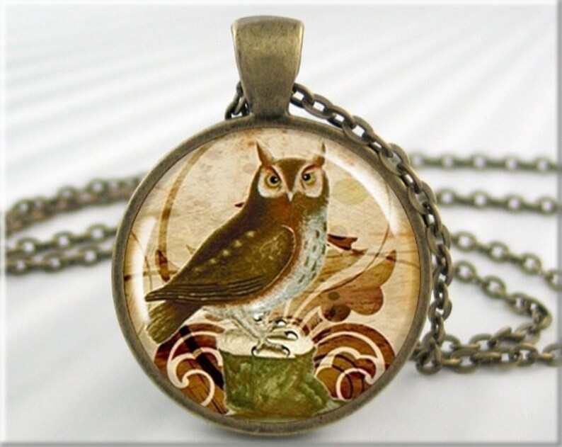 Owl Art Necklace Resin Pendant Owl Art Collage Resin Charm Round Bronze Owl Gift 034RB Gift For Bird Lover Gift Under 20