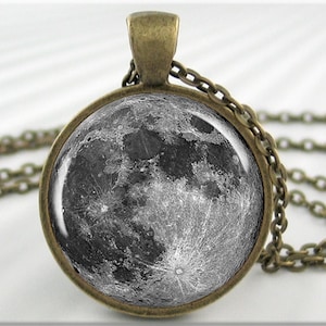 Full Moon Necklace, Resin Charm, Lunar Space Jewelry, Moon Pendant, Round Bronze, Gift Under 20, Gift For Space Geek, Moon Charm 190RB