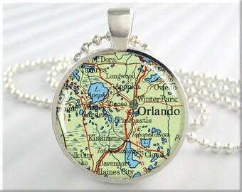 Orlando Map Pendant, Florida Vacation Map Necklace, Picture Pendant, Round Silver, Gift Under 20, Travel Gift 785RS