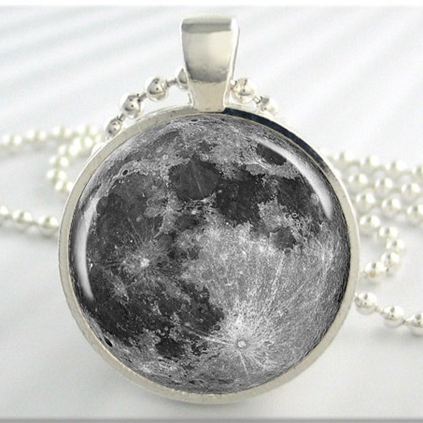 Full Moon Pendant, Space Moon Necklace, Resin Picture Art Pendant, Full Moon Lunar Jewelry, Round Silver Necklace, Space Geek Gift 190RS