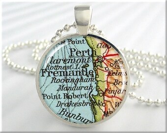 Perth Map Pendant, Resin Charm, Perth Fremantle Australia Map Necklace, Picture Pendant, Round Silver, Gift Under 20, Travel Charm 110RS