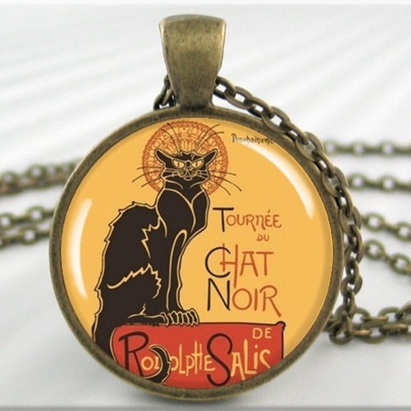 Colgante Le Chat Noir, Encanto de resina, París vintage, Collar de arte Steinlen, Joyería de resina, Bronce redondo, Regalo menor de 20 años, Regalo de arte 189RB