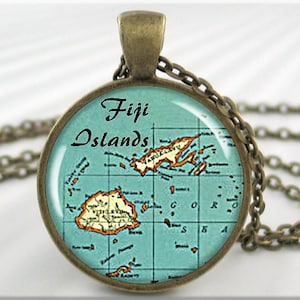 Fiji Map Pendant, Resin Charm, Fiji Islands Map, Picture Jewelry, Gift Under 20, Map Necklace, Round Bronze, Travel Gift 680RB image 1