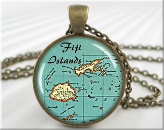 Fiji Map Pendant, Resin Charm, Fiji Islands Map, Picture Jewelry, Gift Under 20, Map Necklace, Round Bronze, Travel Gift 680RB