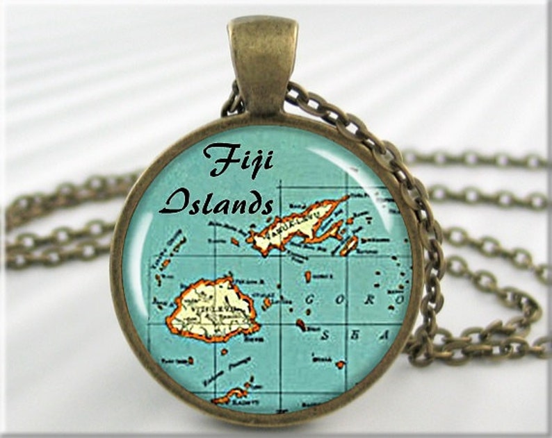 Fiji Map Pendant, Resin Charm, Fiji Islands Map, Picture Jewelry, Gift Under 20, Map Necklace, Round Bronze, Travel Gift 680RB image 1