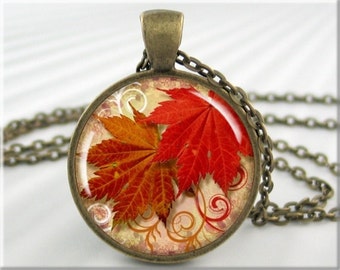 Red Leaves Necklace, Resin Jewelry, Red Autumn Leaves Pendant, Picture Charm, Round Bronze, Fall Season, Gift Under 20, Autumn Gift 014RB