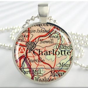Charlotte Map Pendant, Resin Charm, Charlotte North Carolina Map Necklace, Round Silver, Gift Under 20, Map Charm 577RS
