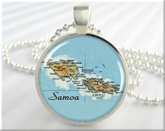 Samoa Map Pendant, Samoa Islands Resin Charm, Picture Jewelry, Map Necklace, Round Silver, Travel Gift 744RS