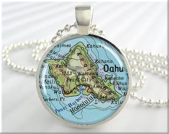 Oahu Map Pendant: Honolulu Hawaii Silver Necklace, Travel Gift 300RS