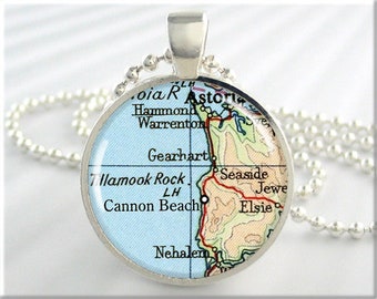 Cannon Beach Map Pendant, Oregon Coast Map Necklace, Picture Jewelry, Round Silver, Gift Under 20, Vacation Gift 769RS