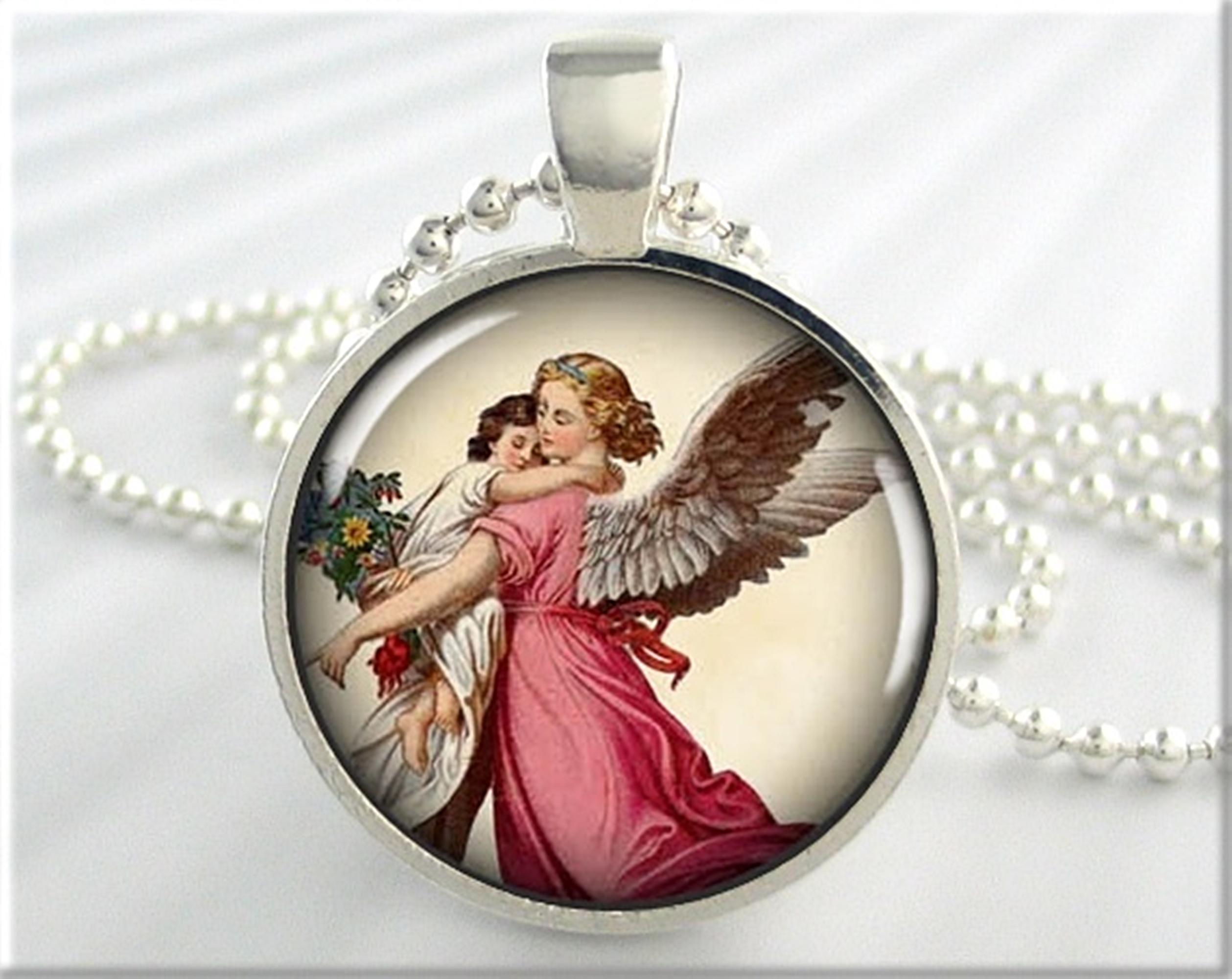 Guardian Angel Necklace: Vintage Art Pendant, Spiritual Gift 524RS