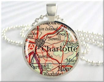 Charlotte Map Pendant, Resin Charm, Charlotte North Carolina Map Necklace, Round Silver, Gift Under 20, Map Charm 577RS