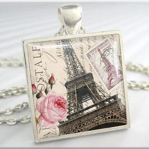 Eiffel Tower Necklace, Paris Art Collage Jewelry, France Travel Pendant, Resin Charm, Square Silver, Gift Under 20, Travel Gift 622SS