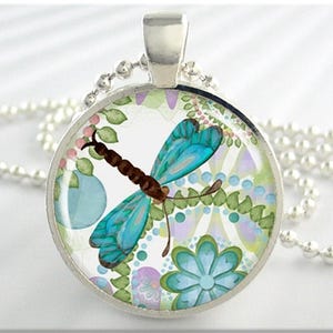 Dragonfly Art Pendant, Resin Pendant, Dragonfly Jewelry, Dragonfly Collage Picture Charm, Gift Under 20, Round Silver Pendant 598RS