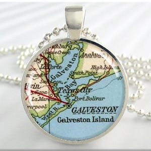 Colgante con el mapa de Galveston, collar con el mapa de la isla de Galveston, Texas, joyería con imagen, plata redonda, regalo por menos de 20 dólares, regalo de vacaciones 439RS