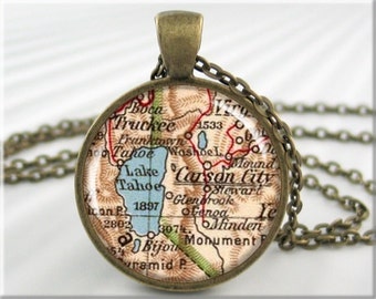 Tahoe Map Pendant, Resin Charm, Lake Tahoe Map, Carson City Nevada Charm, Picture Jewelry, Vintage Map Necklace, Round Bronze 441RB