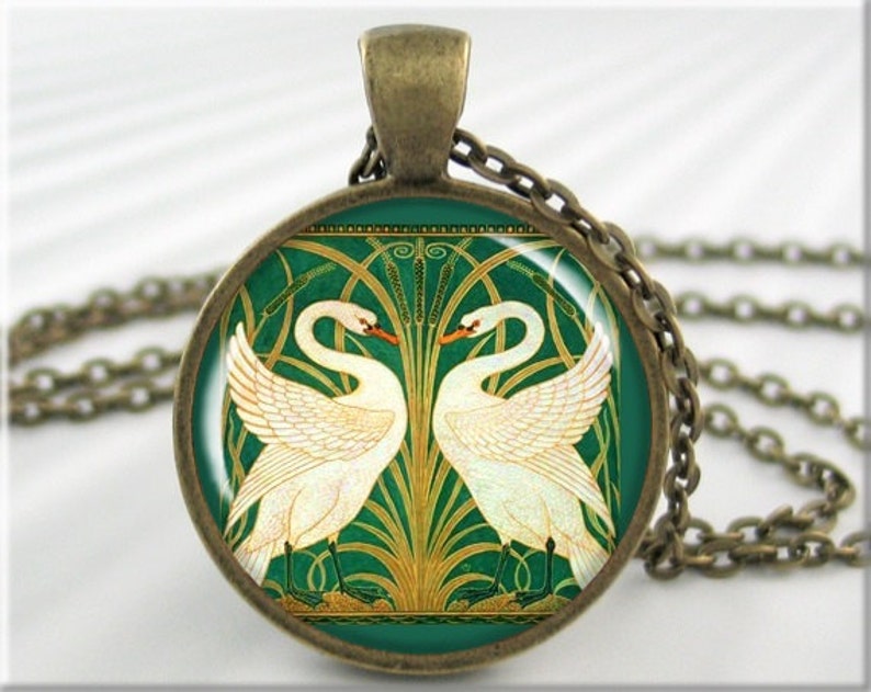 Art Gift 690RB Swans Painting Resin Charm Swans Art Necklace Hunter Green Art Nouveau Walter Crane Swans Rush Iris Art Pendant