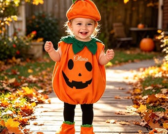 Personalized baby pumpkin costume set. Custom embroidered name, Halloween costume.
