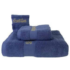 カスタム刺繍入りネイビーブルータオルセット、パーソナライズされたモノグラム入りバスタオル、純綿タオル