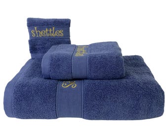 Op maat geborduurde marineblauwe handdoekenset, gepersonaliseerde badkamerhanddoeken met monogram, handdoeken van puur katoen