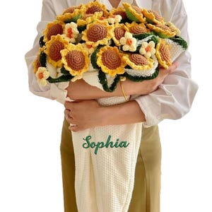 Custom Crochet Sunflower Bouquet Blanket, Embroidered Name,Teacher's Day Gift.