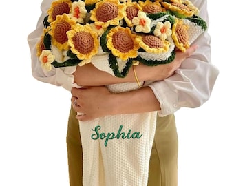 Custom Crochet Sunflower Bouquet Blanket, Embroidered Name,Teacher's Day Gift.