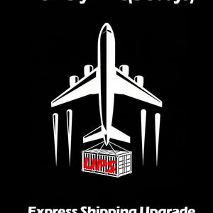 May include: White graphic of an aeroplane above a shipping container with the letters "UPS" in red, set against a black background. The text "Delivery Time(3-5days)" and "Express Shipping Upgrade" are also in white.