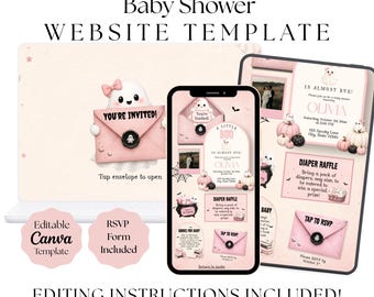 May include: A baby shower website template featuring a ghost character holding a pink envelope with the text A LITTLE BOO IS ALMOST DUE. The design includes pink pumpkins, a diaper raffle section, and RSVP forms displayed on a laptop, phone, and tablet screen.