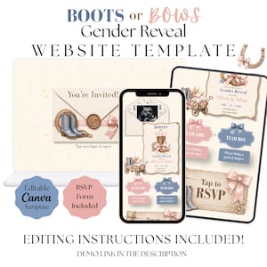 Könnte beinhalten: Eine digitale Website-Vorlage zur Geschlechtsenthüllung mit dem Text BOOTS or BOWS Gender Reveal WEBSITE TEMPLATE. Das Design zeigt Illustrationen von Cowboystiefeln, rosa Schleifen, einem Wagen und einem Umschlag auf Mobil- und Desktop-Ansichten.