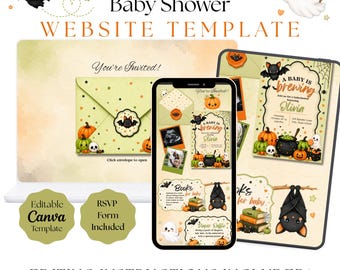 Halloween Baby Shower Invitation Template | A Baby Is Brewing, RSVP Website (Canva)