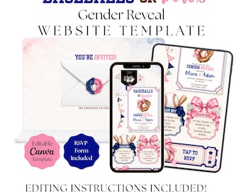 Baseball or Bows Gender Reveal Invitation with RSVP Link, Editable Canva Website Invitation (Digital Download)
