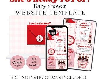 She’s Ready to Pop Baby Shower Invitation | Cola Baby Shower Canva Website Template | Pink Red Gingham Digital Invite | Baby Girl Shower