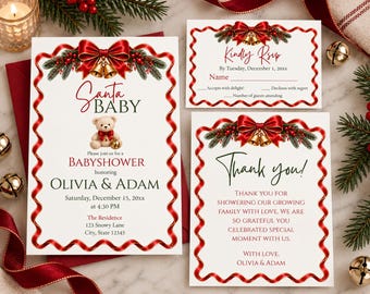 Santa Baby Shower Invitation, RSVP Card and Thank You Card Canva Template Bundle | Christmas Baby Shower (Digital Download)