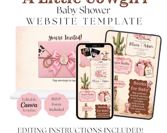 A Little Cowgirl Is on the Way Baby Shower Website Template | Pink Western Baby Shower | Editable Canva Website Invitation