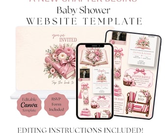 A New Chapter Begins Baby Shower Invitation with RSVP Feature | Pink Baby Shower Website Template