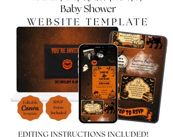 A Baby Bat Is On The Way Baby Shower Website Invitation, Spooky Retro Halloween Invite, Editable Canva Digital Template