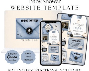 A Little Boo Is on the Way Baby Shower Website Invitation, Dusty Blue Halloween Baby Boy Invite, Editable Canva Digital Template