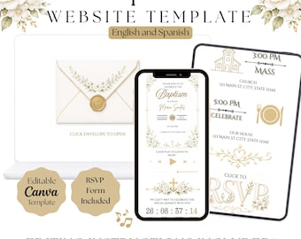 Tauf-Einladung mit Antwortlink und Sendungsverfolgung, digitale Canva-Vorlage für die Taufe, E-Einladung in Gold und Weiß, Englisch und Spanisch