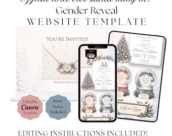 Santa Baby Gender Reveal Website Invitation | Pink or Blue Christmas Gender Reveal Invite | Canva Template, Holiday Baby Reveal