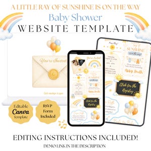 May include: A digital baby shower website template featuring a sunshine and rainbow theme. The design includes an envelope graphic, balloons, and text reading A LITTLE RAY OF SUNSHINE IS ON THE WAY, Baby Shower WEBSITE TEMPLATE, and RSVP Form Included.