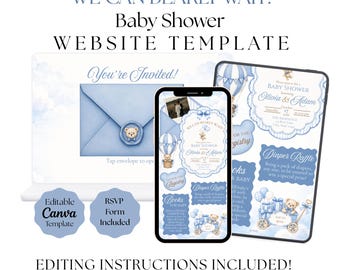 We Can Bearly Wait Baby Shower Website Template | Blue Baby Shower Invitation (Digital Download)