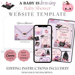 Może przedstawiać: Cyfrowy szablon strony internetowej na baby shower z motywem Halloween, różowymi dyniami, nietoperzami i czarnym kociołkiem. Projekt zawiera tekst A BABY IS brewing, You're Invited oraz Book's for baby na ekranach laptopa, telefonu i tabletu.