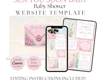 Sea You Soon Baby Shower Website Invitation | Pink Sea You Soon Baby Canva Template (Digital Download)