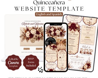 Champagne and Autumn Quinceañera Invitation Template with RSVP Link and Music , Luxury Floral Canva Digital Invite (Digital Download)