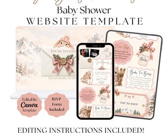 Somebunny is on the way baby shower website invitation | Winter Baby Shower Invite | Après Ski Canva Template
