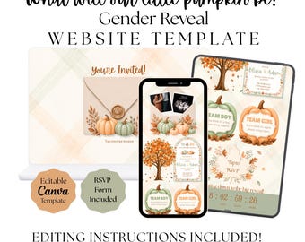 Little Pumpkin Gender Reveal Invitation | Fall Orange and Green Pumpkin Digital Invite Template (Digital Download)